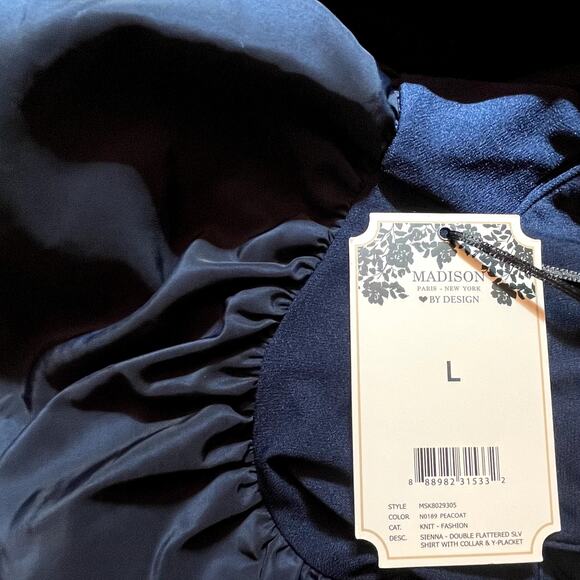 Madison Paris New York Navy Blue Puff Sleeve Blouse Size L - Picture 4 of 8